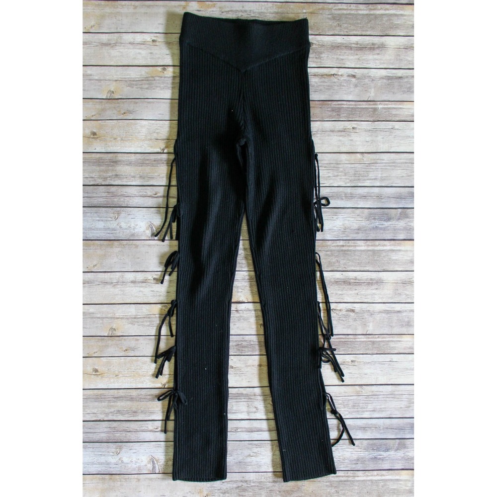 Maniere De Voir‎ Leggings Womens Small Black Ribbed Knit Side Tie Cashmere Blend - Picture 2 of 7